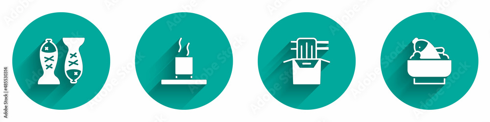 Set Served fish on a plate, Cup of tea, Asian noodles in paper box and Rice with bowl icon with long shadow. Vector Set Served fish on a plate, Cup of tea, Asian noodles in paper box and Rice with bowl icon with long shadow. Vector