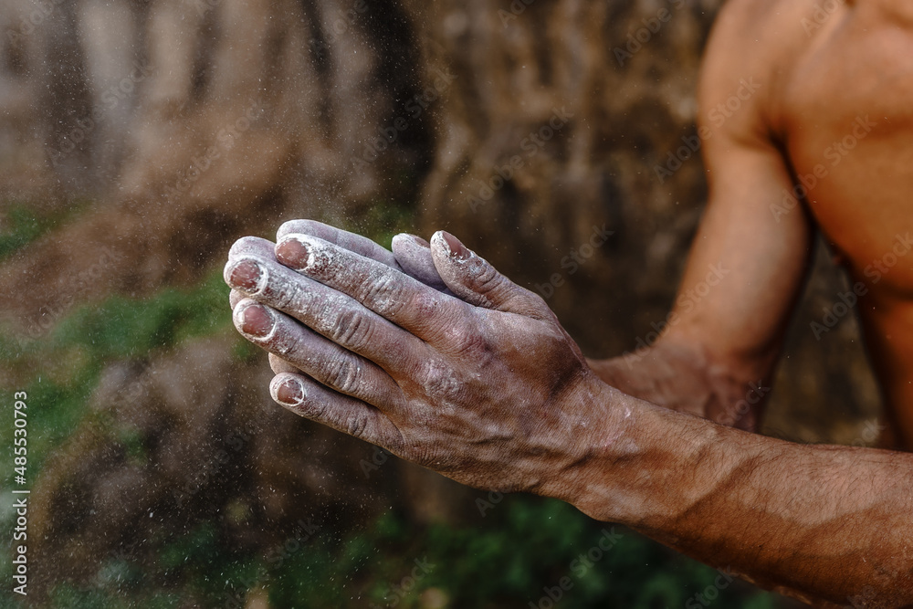 Fototapeta premium Outdoor rock climbing. The hands of a tanned athlete are smeared with magnesia powder close-up on a forest background