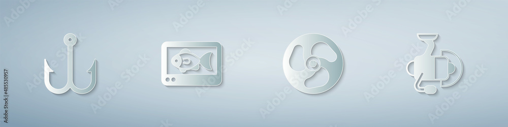 Set Fishing hook, finder echo sounder, Outboard boat motor and Spinning reel for fishing. Paper art style. Vector