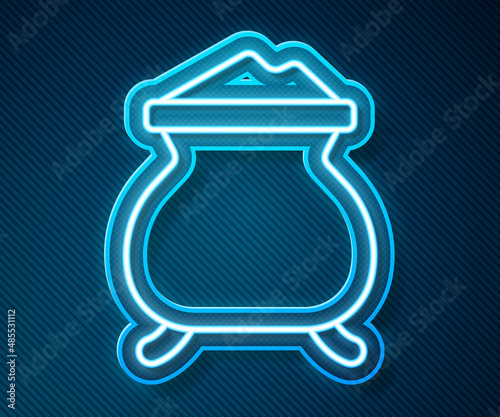 Glowing neon line Molten gold being poured icon isolated on blue background. Molten metal poured from ladle. Vector