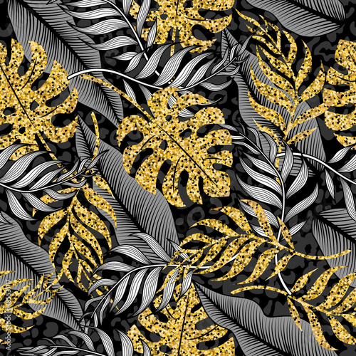 Vector seamless exotic pattern with golden monstera leaves and banana branches on a black animalistic leopard background. Modern Hawaiian background with floral motifs. Texture from tropical plants.