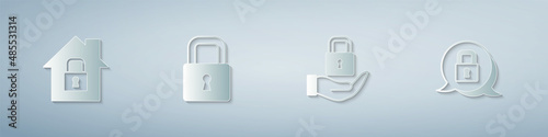 Set House under protection, Lock, and . Paper art style. Vector