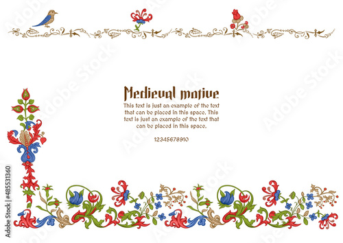 Floral vintage Medieval illuminati manuscript inspiration. Romanesque style. Template for greeting card, banner, gift voucher, label. Vector illustration