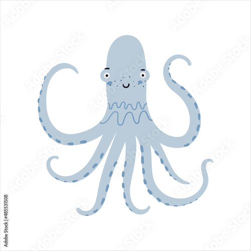 Cute little blue octopus vector illustration. Funny hand drawn sea character. Happy animal isolated on white background. Childish t shirt print design