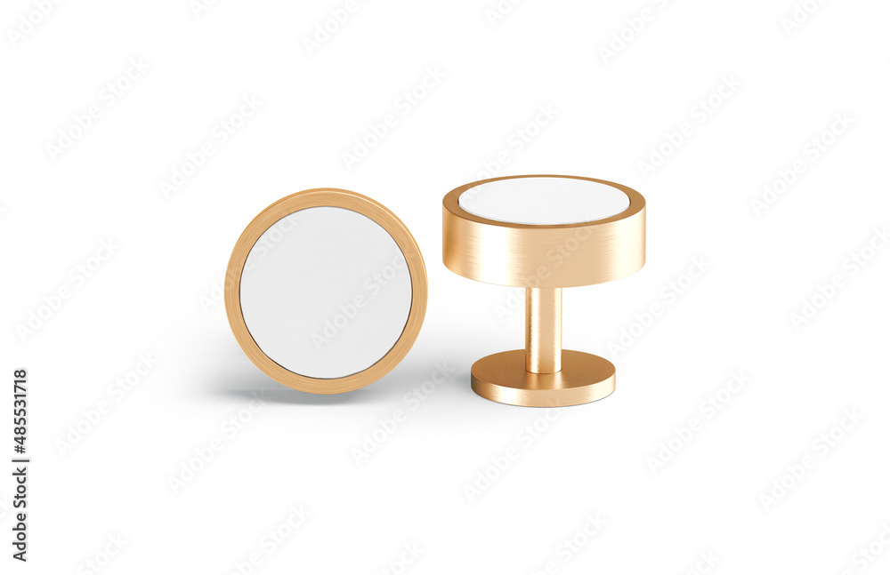 Blank round gold cufflinks stud mockup lying and stand, isolated Blank round gold cufflinks stud mockup lying and stand, isolated