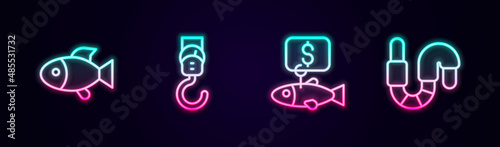 Set line Fish, Spring scale, Price tag for fish and Worm. Glowing neon icon. Vector
