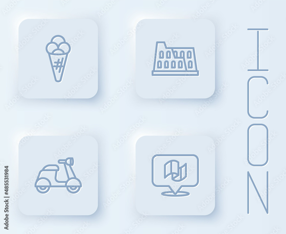 Set line Ice cream in waffle, Coliseum, Scooter and Flag Italy. White square button. Vector Set line Ice cream in waffle, Coliseum, Scooter and Flag Italy. White square button. Vector