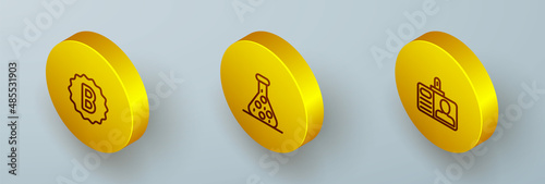 Set Isometric line Exam paper with incorrect answers, Test tube and Identification badge icon. Vector