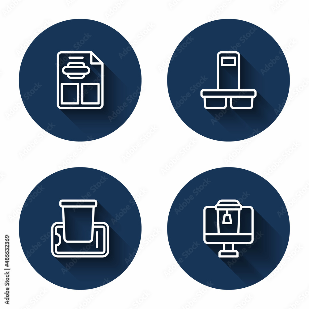 Set line Restaurant cafe menu, Coffee cup to go, Food ordering on mobile and Online food with long shadow. Blue circle button. Vector Set line Restaurant cafe menu, Coffee cup to go, Food ordering on mobile and Online food with long shadow. Blue circle button. Vector