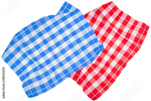 Closeup of a red and a blue white checkered napkin or tablecloth texture isolated on a white background. Kitchen accessories. Top view.