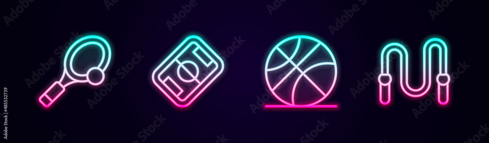 Set line Tennis racket with ball, Football field, Basketball and Jump rope. Glowing neon icon. Vector Set line Tennis racket with ball, Football field, Basketball and Jump rope. Glowing neon icon. Vector