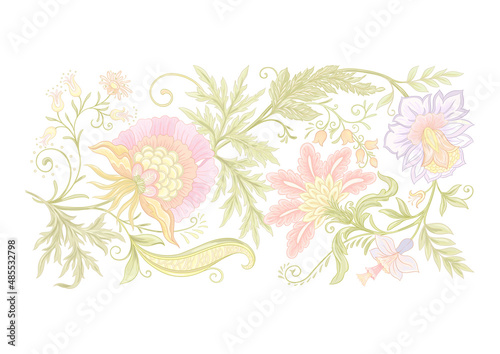 Fantasy flowers in retro, vintage, jacobean embroidery style. Element for design. Vector illustration.