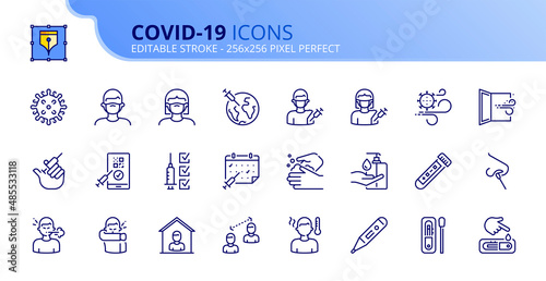 Simple set of outline icons about COVID-19