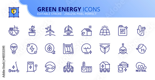 Simple set of outline icons about green energy. Ecology concept.
