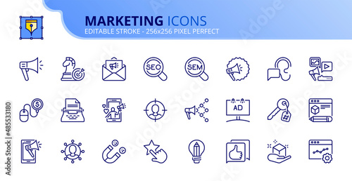 Simple set of outline icons about marketing. Communication concept.