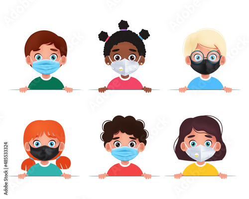 Kids in protective face mask, different human races. Vector cartoon children's characters of different nationalities