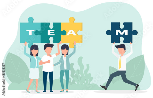 Colleagues are assembling puzzles. Businessman holding characters T, E, A, M, waiting for M to assemble other characters. Vector illustration Eps10.