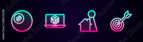 Set line Billiard pool snooker ball, Game dice, Chip for board game and Classic dart and arrow. Glowing neon icon. Vector