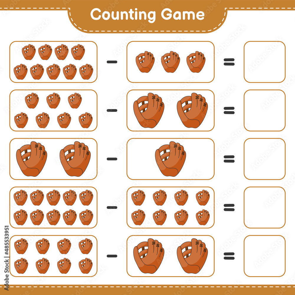 Count and match, count the number of Baseball Glove and match with the right numbers. Educational children game, printable worksheet, vector illustration