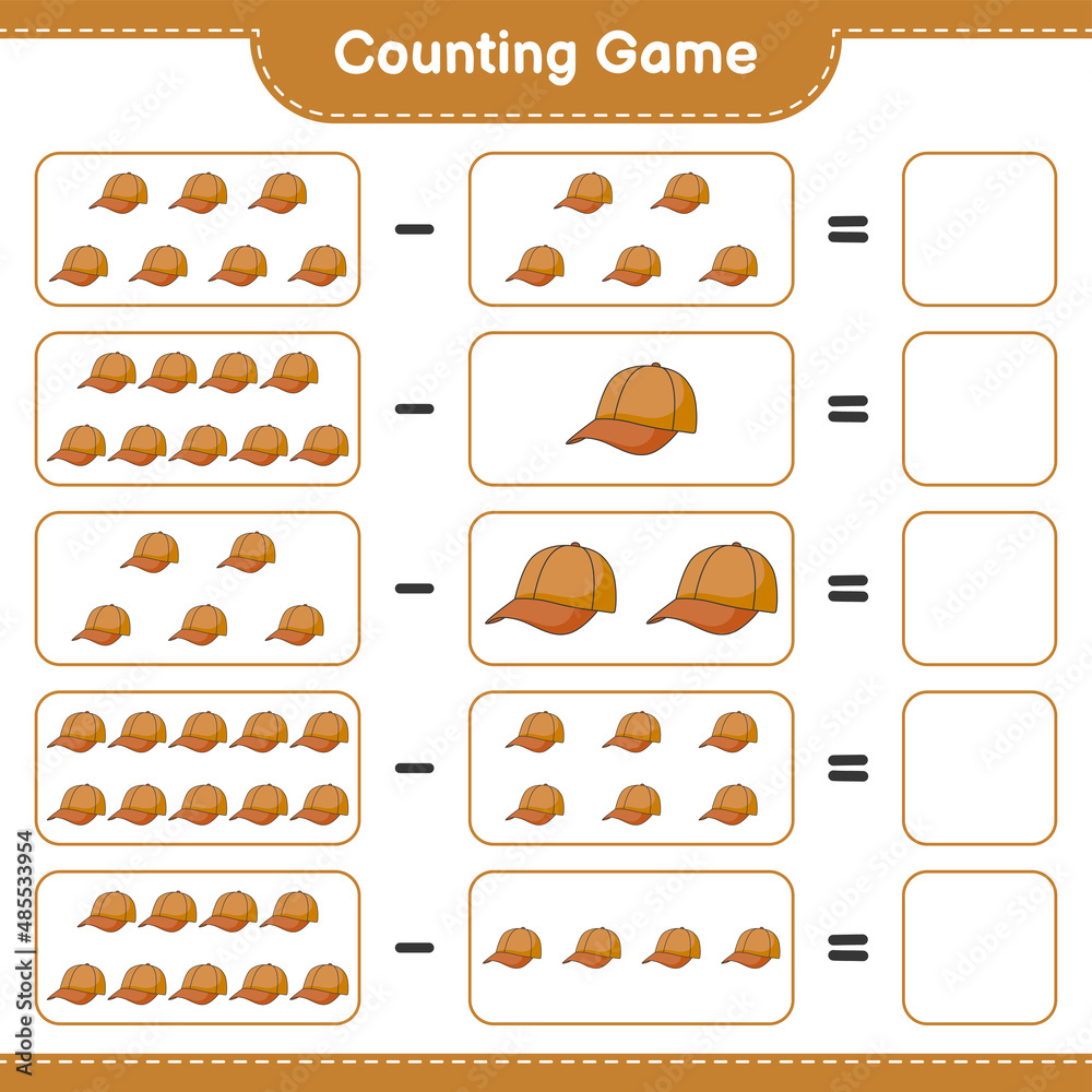 Count and match, count the number of Cap Hat and match with the right numbers. Educational children game, printable worksheet, vector illustration