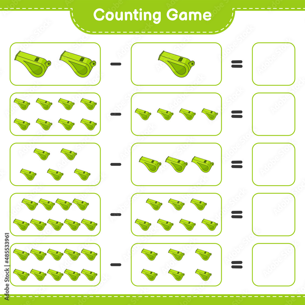 Count and match, count the number of Whistle and match with the right numbers. Educational children game, printable worksheet, vector illustration Count and match, count the number of Whistle and match with the right numbers. Educational children game, printable worksheet, vector illustration