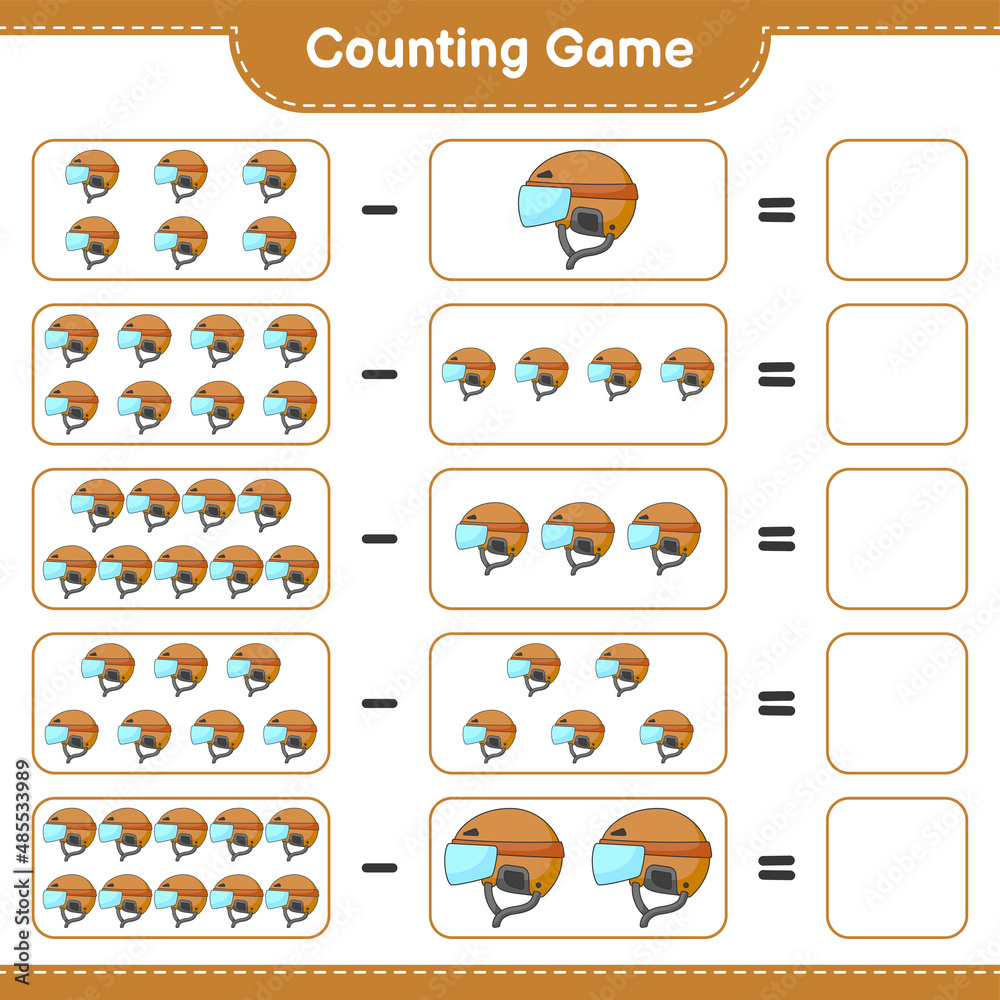Count and match, count the number of Hockey Helmet and match with the right numbers. Educational children game, printable worksheet, vector illustration