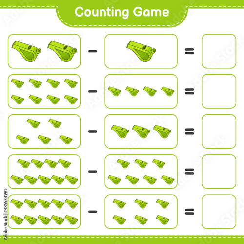 Count and match  count the number of Whistle and match with the right numbers. Educational children game  printable worksheet  vector illustration