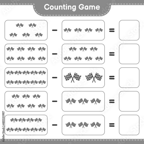Count and match, count the number of Racing Flags and match with the right numbers. Educational children game, printable worksheet, vector illustration © Pure Imagination