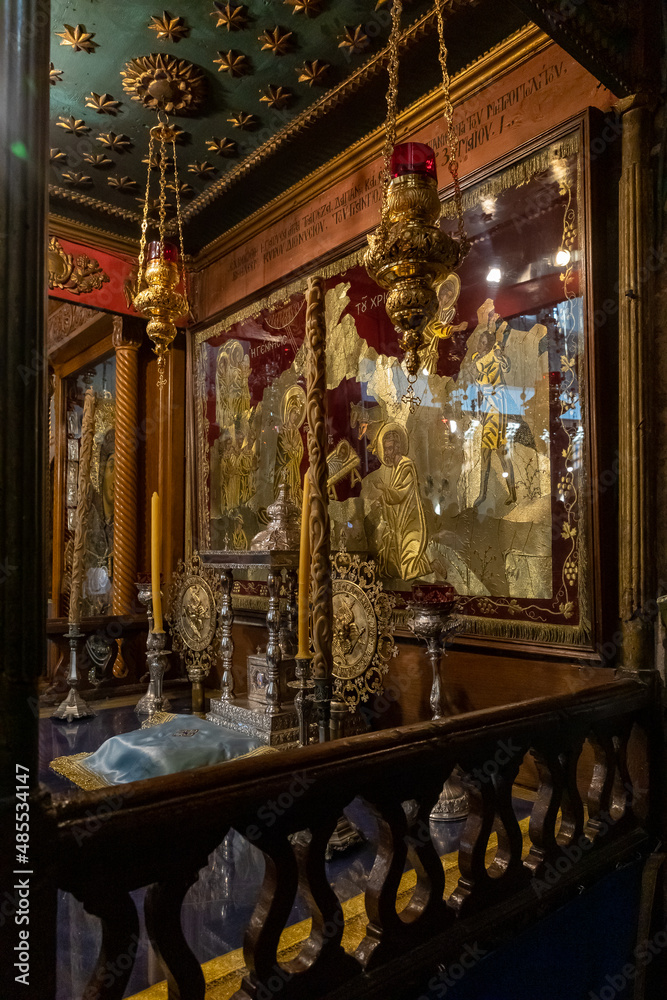 The stand with icons in the side hall of the Church of Nativity in Bethlehem in the Palestinian Authority, Israel