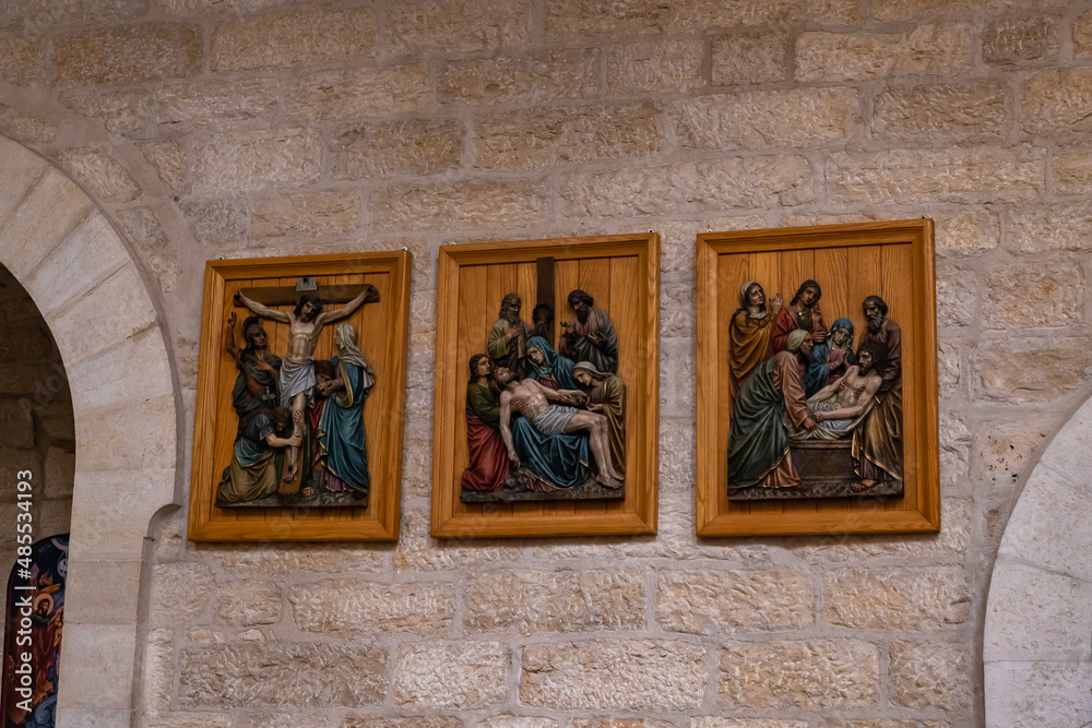 Icons depicting a scenes from the procession hang on the wall in the Chapel of Saint Catherine, near to the Church of Nativity in Bethlehem in the Palestinian Authority, Israel