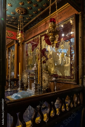 The stand with icons in the side hall of the Church of Nativity in Bethlehem in the Palestinian Authority, Israel © svarshik