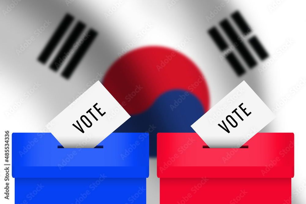 Voting Boxes in front of South Korea flag, elections concept background. Presidential Elections of South Korea Voting Boxes in front of South Korea flag, elections concept background. Presidential Elections of South Korea