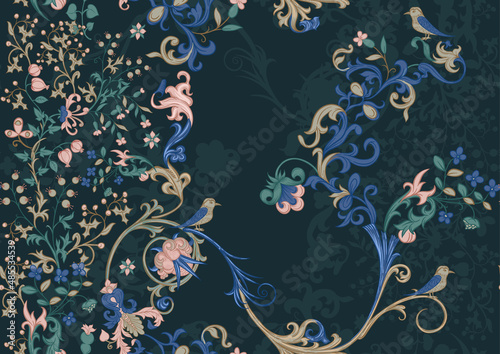 Floral vintage seamless pattern. Medieval illuminati manuscript inspiration. Design for wrapping paper, wallpaper, fabrics and fashion clothes. Vector illustration.