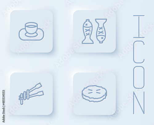 Set line Soy sauce in bowl  Served fish on plate  Food chopsticks with noodles and Homemade pie. White square button. Vector