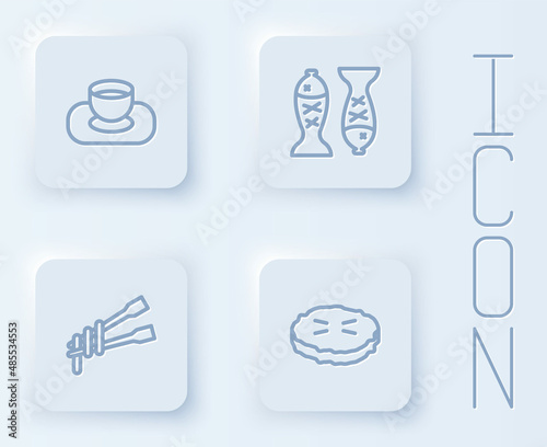 Set line Soy sauce in bowl, Served fish on plate, Food chopsticks with noodles and Homemade pie. White square button. Vector