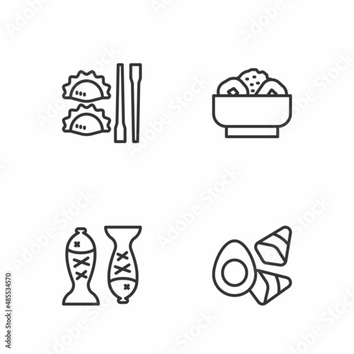 Set line Chicken egg with vegerables, Served fish on plate, Dumpling chopsticks and Chow mein icon. Vector