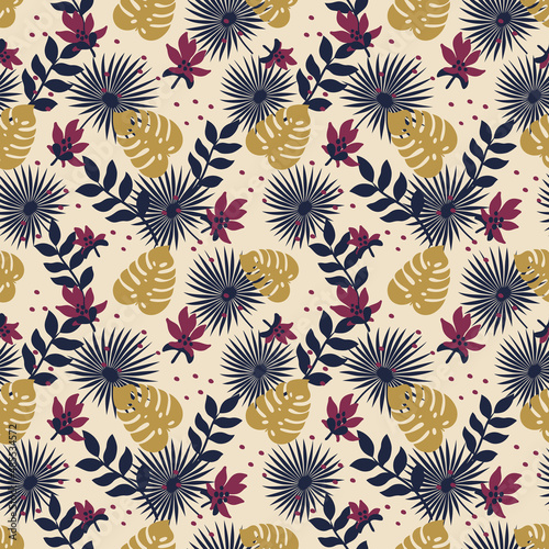 Seamless floral pattern, vector seamless background with summer exotic leaves...