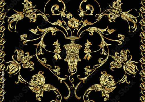 Classical luxury old fashioned royal baroque, historical ornament with lilies, victorian floral. Seamless pattern, background. Vector illustration in black and white