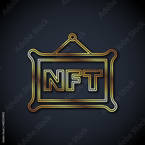 Gold line NFT Digital crypto art icon isolated on black background. Non fungible token. Vector