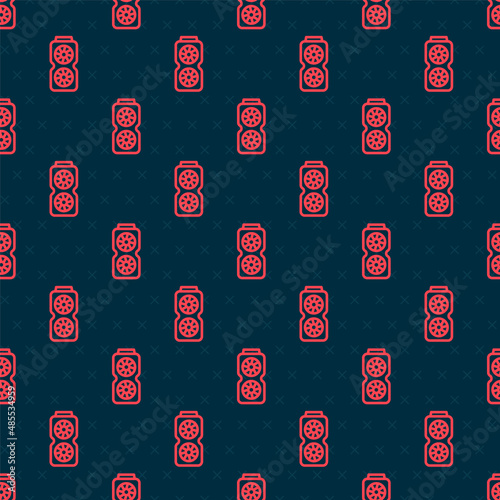 Red line Video graphic card icon isolated seamless pattern on black background. Vector