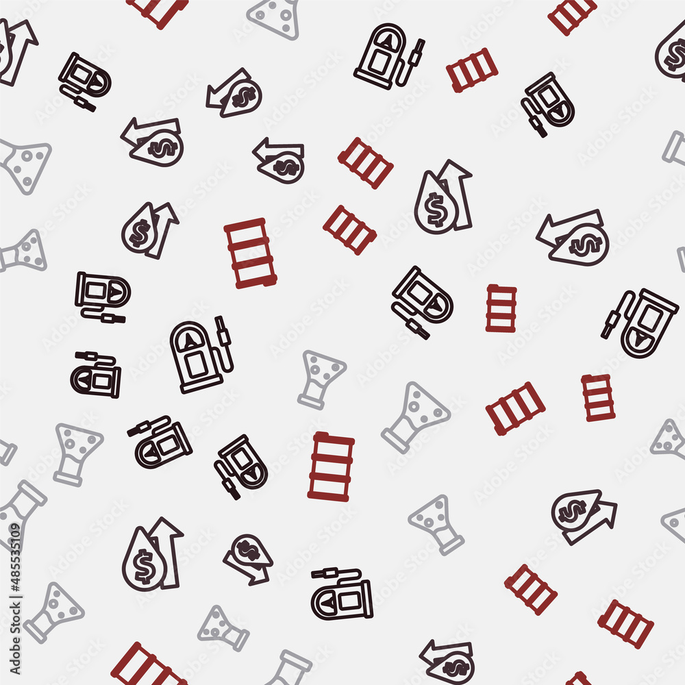 Set line Petrol or gas station, Oil price increase, petrol test tube and Barrel oil on seamless pattern. Vector Set line Petrol or gas station, Oil price increase, petrol test tube and Barrel oil on seamless pattern. Vector