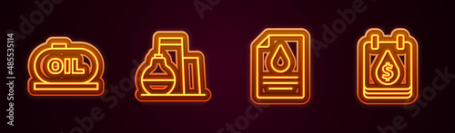 Set line Oil tank storage, Contract money and pen and drop with dollar symbol. Glowing neon icon. Vector