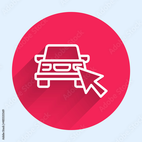 White line Online car sharing icon isolated with long shadow background. Online rental car service. Online booking design concept for laptop. Red circle button. Vector