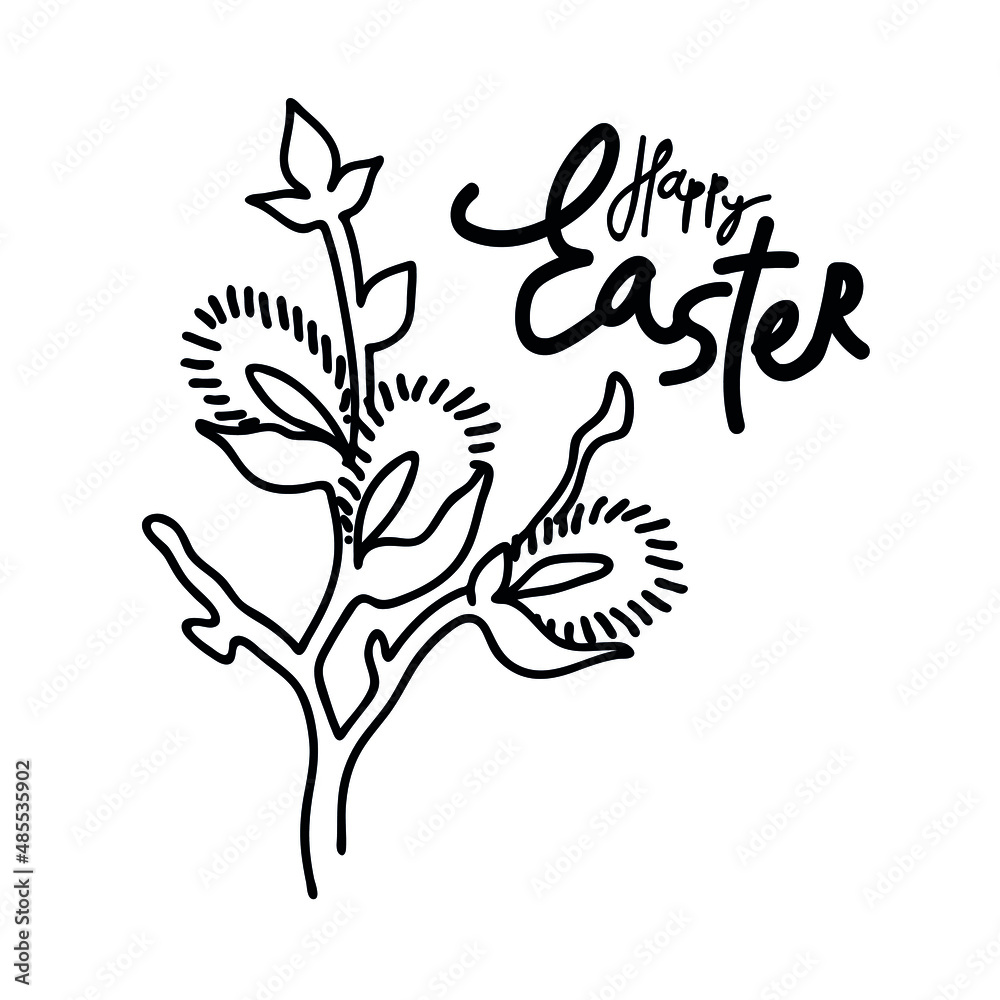 Obraz premium The black line of the Easter logo. Hand-drawn willow branch icon. Vector isolated black line illustration.