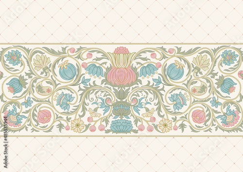 Fantasy flowers in retro, vintage, embroidery style. Seamless pattern, background. Colored vector illustration.