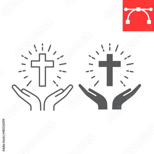 Praying hands holding cross line and glyph icon, christian and prayer, hands holding cross vector icon, vector graphics, editable stroke outline sign, eps 10.