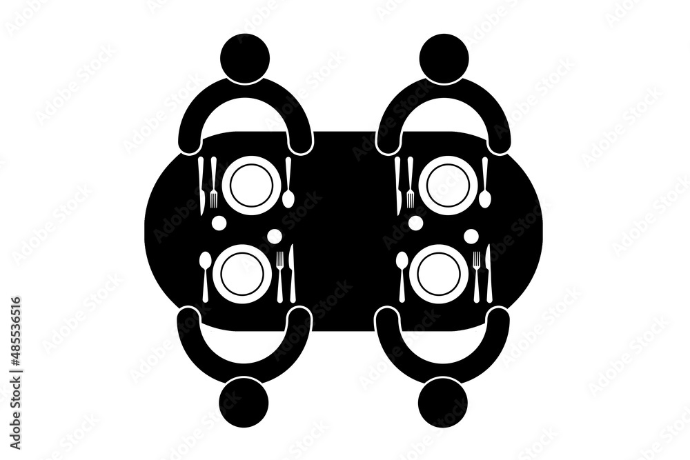 Four people sitting around a table with plates, glasses and cutlery in a restaurant, top view, black icon isolated on white background Four people sitting around a table with plates, glasses and cutlery in a restaurant, top view, black icon isolated on white background