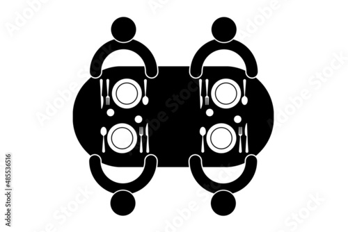 Four people sitting around a table with plates, glasses and cutlery in a restaurant, top view,  black icon isolated on white background