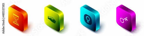 Set Isometric Medieval goblet, Snake, Venus and Old key icon. Vector
