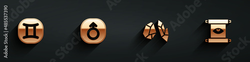 Set Gemini zodiac, Mars, Magic stone and Ancient magic scroll icon with long shadow. Vector